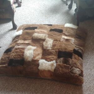 Hand Crafted Patchwork Fur Floor Pillow in Brown and Cream